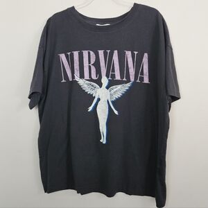 Nirvana Gray Graphic Short Sleeve Tee with Pink Logo Size Large Oversized Boxy